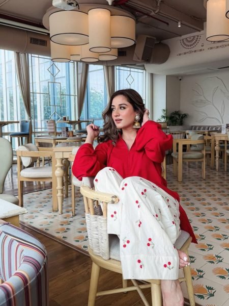 Intuitive Red White Designer Pure Cotton Embroidered Kurti Pant Set at Manufacturer  CO ORD Sets