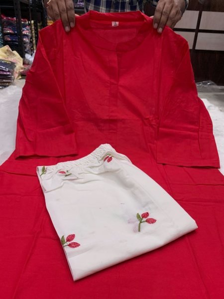 Intuitive Red White Designer Pure Cotton Embroidered Kurti Pant Set at Manufacturer  CO ORD Sets