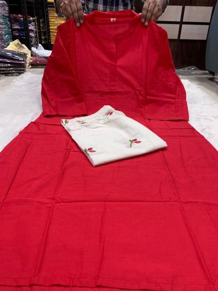 Intuitive Red White Designer Pure Cotton Embroidered Kurti Pant Set at Manufacturer  CO ORD Sets