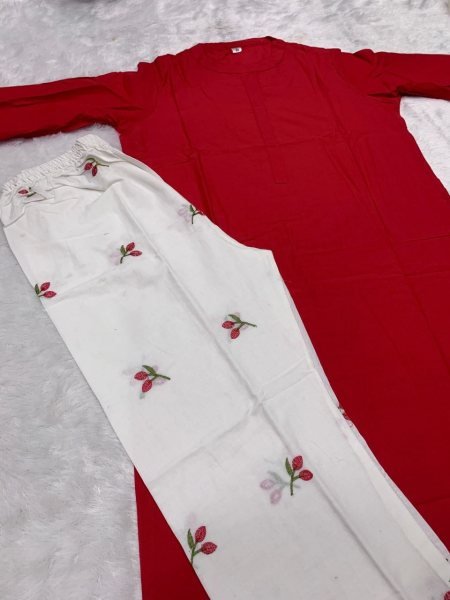 Intuitive Red White Designer Pure Cotton Embroidered Kurti Pant Set at Manufacturer  CO ORD Sets