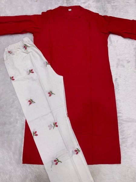 Intuitive Red White Designer Pure Cotton Embroidered Kurti Pant Set at Manufacturer  CO ORD Sets