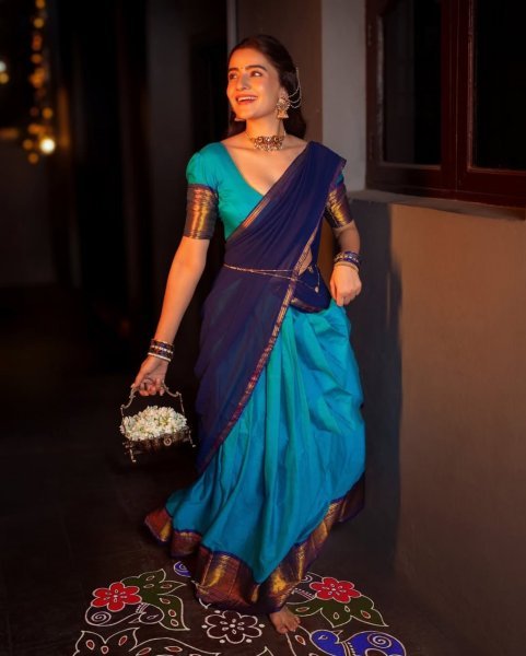 Intuitive Sky Blue South Style Kanchi Cotton Lehenga with Zari Weaving Work Half Saree Lehenga