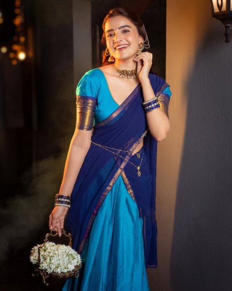 Intuitive Sky Blue South Style Kanchi Cotton Lehenga with Zari Weaving Work Half Saree Lehenga
