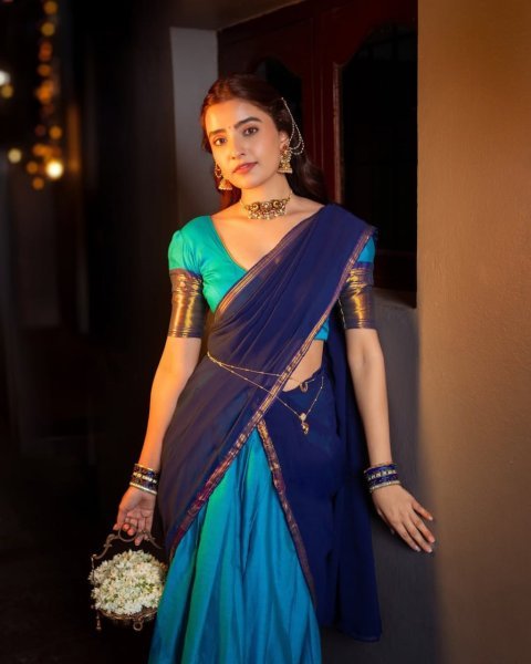 Intuitive Sky Blue South Style Kanchi Cotton Lehenga with Zari Weaving Work Half Saree Lehenga