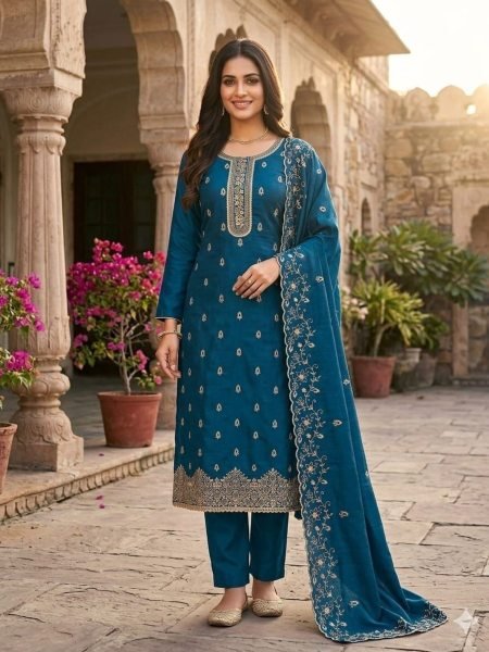 Intuitive Teal Blue Jalpari Silk Suit Material with All Over Booti and Daman Work Dress Material 