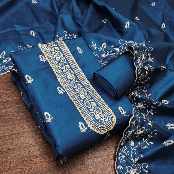 Intuitive Teal Blue Jalpari Silk Suit Material with All Over Booti and Daman Work Color Set Matching Dress Material Wholesale