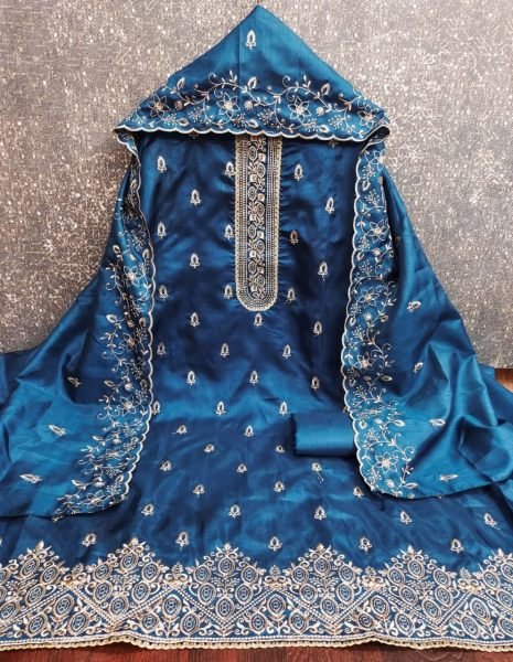 Intuitive Teal Blue Jalpari Silk Suit Material with All Over Booti and Daman Work Color Set Matching Dress Material Wholesale