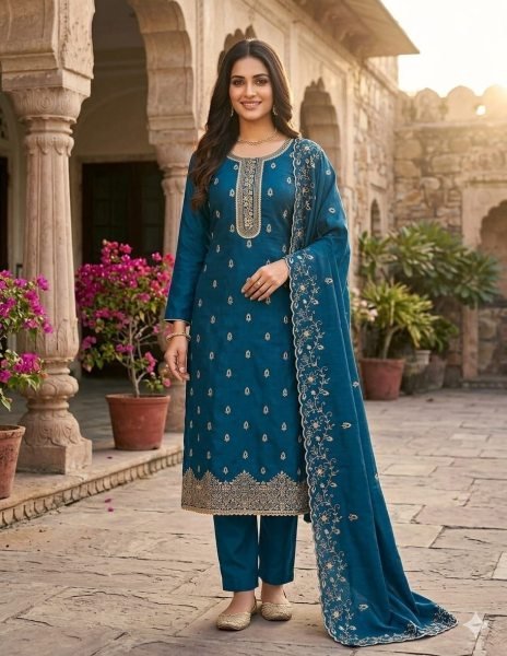Intuitive Teal Blue Jalpari Silk Suit Material with All Over Booti and Daman Work Color Set Matching Dress Material Wholesale