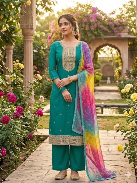 Intuitive Teal Green Pure Roman Silk Cording Work Dress Material with Digital Print Dupatta Color Set Matching Dress Material Wholesale
