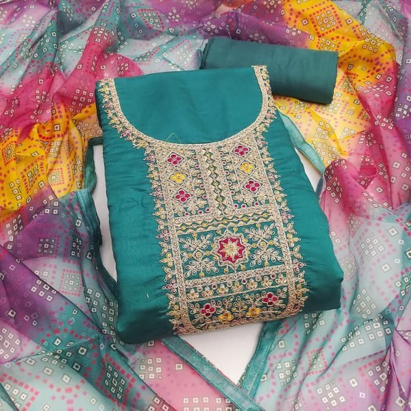 Intuitive Teal Green Pure Roman Silk Cording Work Dress Material with Digital Print Dupatta Color Set Matching Dress Material Wholesale