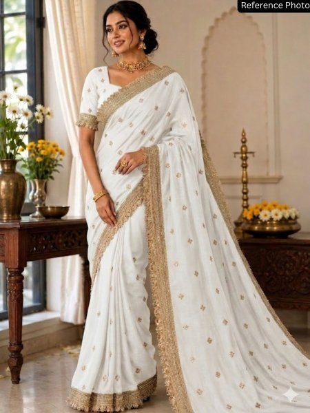 Intuitive White Embroidery Work Saree for Festive and Special Occasions 