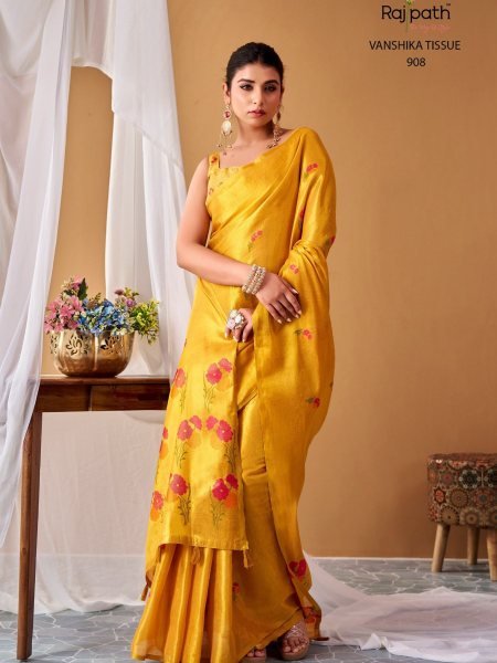 Intuitive Yellow Rajpath Vanshika Tissue Silk Saree With Delicate Floral Pattern and Woven Silk Sarees Wholesale