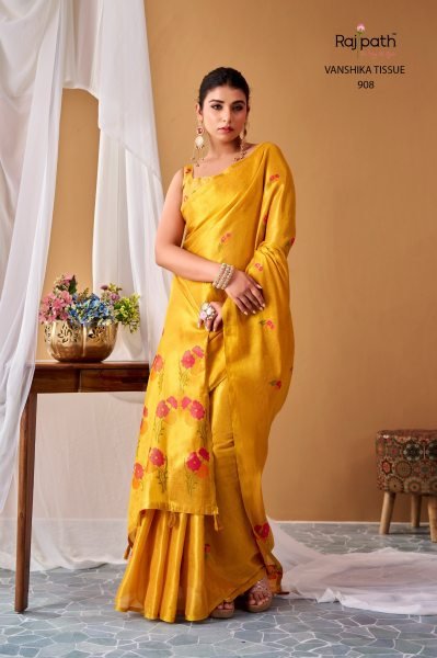 Intuitive Yellow Rajpath Vanshika Tissue Silk Saree With Delicate Floral Pattern and Woven Silk Sarees Wholesale