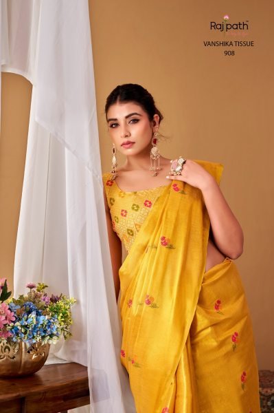 Intuitive Yellow Rajpath Vanshika Tissue Silk Saree With Delicate Floral Pattern and Woven Silk Sarees Wholesale