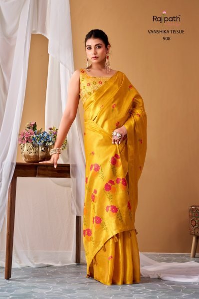 Intuitive Yellow Rajpath Vanshika Tissue Silk Saree With Delicate Floral Pattern and Woven Silk Sarees Wholesale