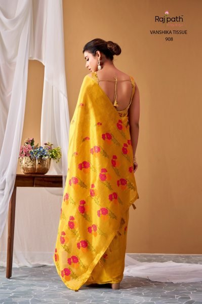 Intuitive Yellow Rajpath Vanshika Tissue Silk Saree With Delicate Floral Pattern and Woven Silk Sarees Wholesale