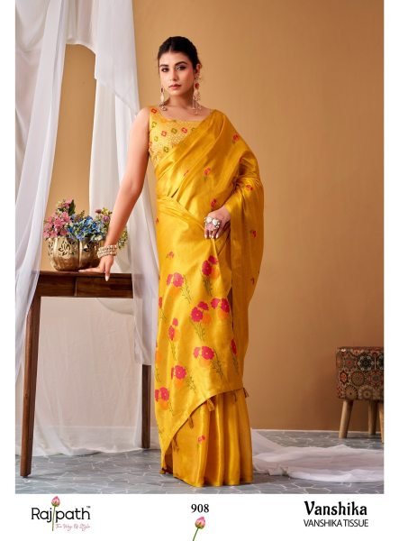 Intuitive Yellow Rajpath Vanshika Tissue Silk Saree With Delicate Floral Pattern and Woven Silk Sarees Wholesale