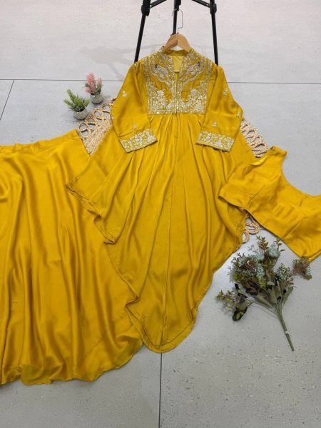 Intuitive Yellow Three Piece Indo Western Set with Embroidered Shrug for Festival 