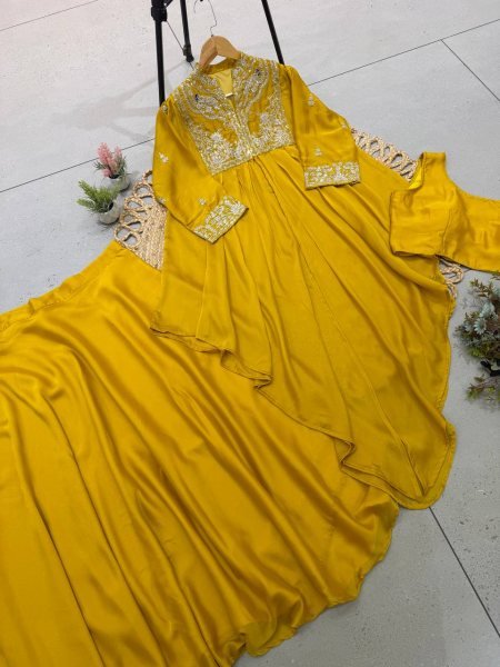 Intuitive Yellow Three Piece Indo Western Set with Embroidered Shrug for Festival Ready To Wear Collection