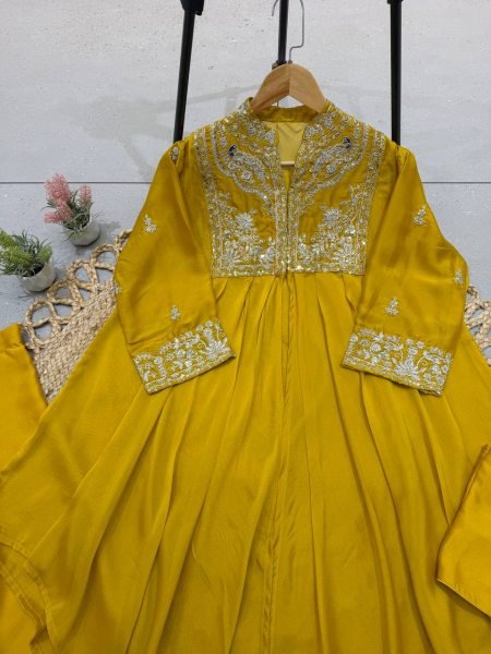 Intuitive Yellow Three Piece Indo Western Set with Embroidered Shrug for Festival Ready To Wear Collection