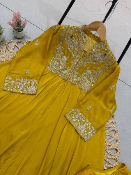 Intuitive Yellow Three Piece Indo Western Set with Embroidered Shrug for Festival Ready To Wear Collection