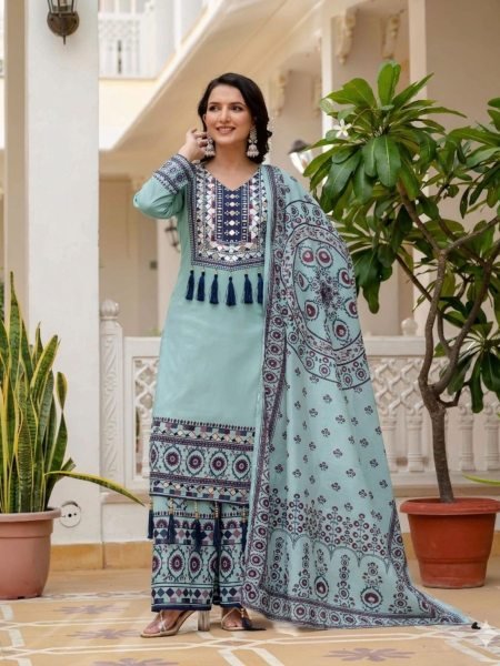 Irresistible Aqua Blue Muslin Palazzo Set With Printed Dupatta For Manufacturer Rate Only Ready To Wear Suit