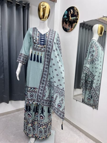 Irresistible Aqua Blue Muslin Palazzo Set With Printed Dupatta For Manufacturer Rate Only Ready To Wear Collection