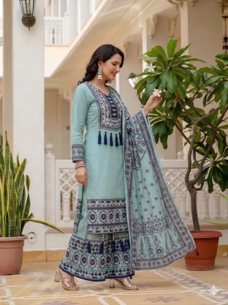 Irresistible Aqua Blue Muslin Palazzo Set With Printed Dupatta For Manufacturer Rate Only Ready To Wear Collection