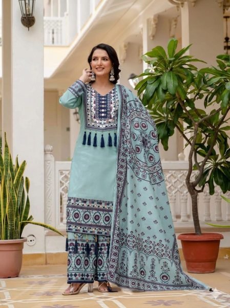 Irresistible Aqua Blue Muslin Palazzo Set With Printed Dupatta For Manufacturer Rate Only Ready To Wear Collection