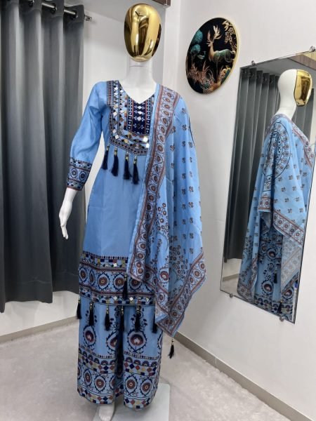Irresistible Aqua Blue Muslin Palazzo Set With Printed Dupatta For Manufacturer Rate Only Ready To Wear Collection