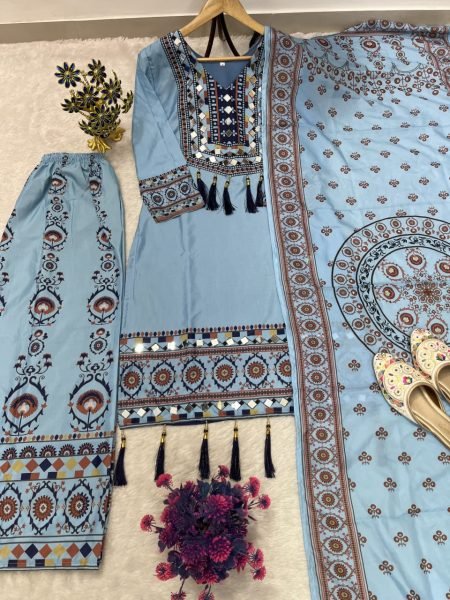 Irresistible Aqua Blue Muslin Palazzo Set With Printed Dupatta For Manufacturer Rate Only Ready To Wear Collection