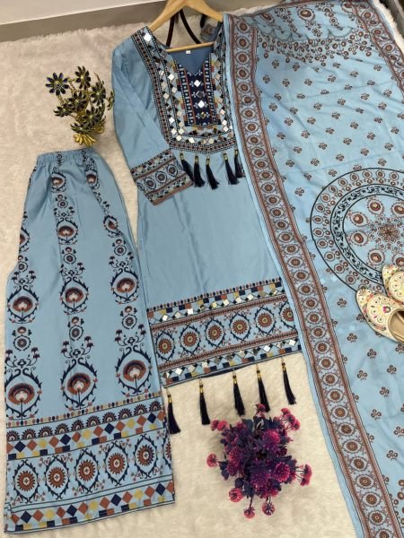 Irresistible Aqua Blue Muslin Palazzo Set With Printed Dupatta For Manufacturer Rate Only Ready To Wear Collection