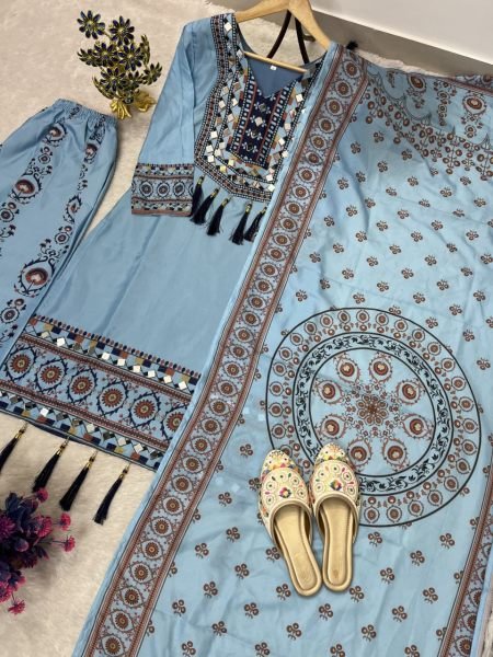 Irresistible Aqua Blue Muslin Palazzo Set With Printed Dupatta For Manufacturer Rate Only Ready To Wear Collection