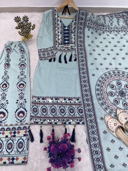 Irresistible Aqua Blue Muslin Palazzo Set With Printed Dupatta For Manufacturer Rate Only Ready To Wear Collection