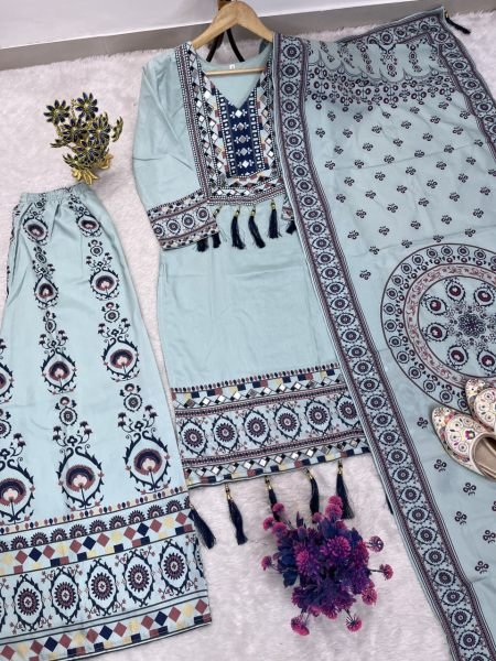 Irresistible Aqua Blue Muslin Palazzo Set With Printed Dupatta For Manufacturer Rate Only Ready To Wear Collection