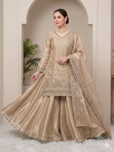 Irresistible Beige Fendy Palazzo Suit with Embroidery Work and Cutwork Dupatta 