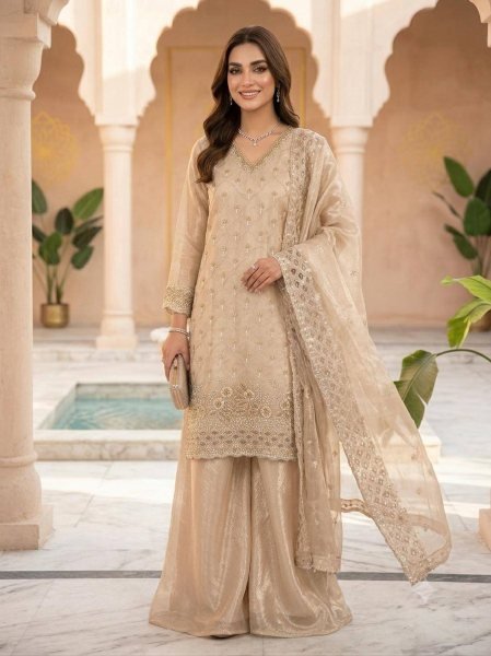 Irresistible Beige Fendy Palazzo Suit with Embroidery Work and Cutwork Dupatta Ready To Wear Collection