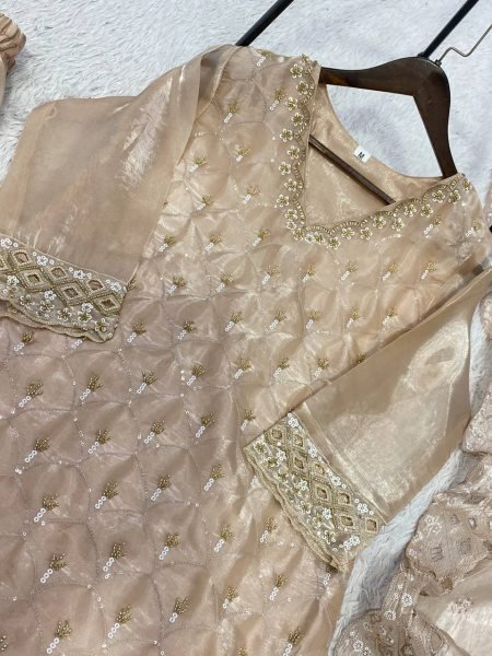 Irresistible Beige Fendy Palazzo Suit with Embroidery Work and Cutwork Dupatta Ready To Wear Collection