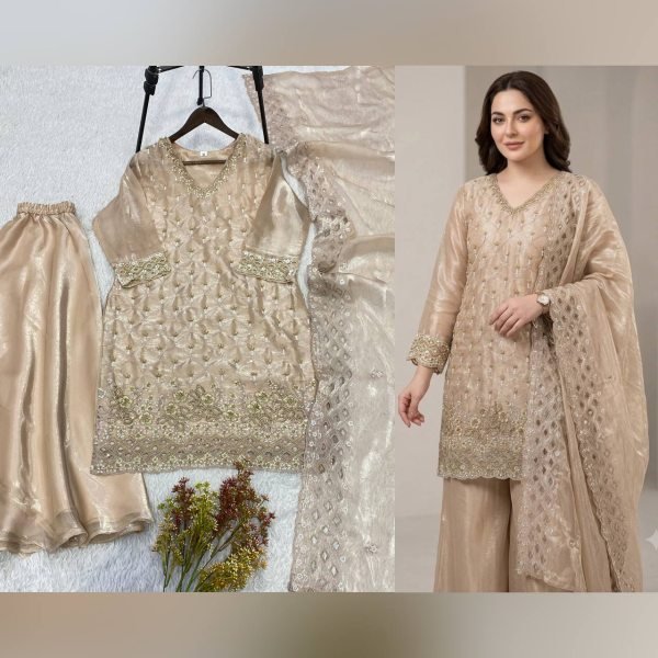 Irresistible Beige Fendy Palazzo Suit with Embroidery Work and Cutwork Dupatta Ready To Wear Collection