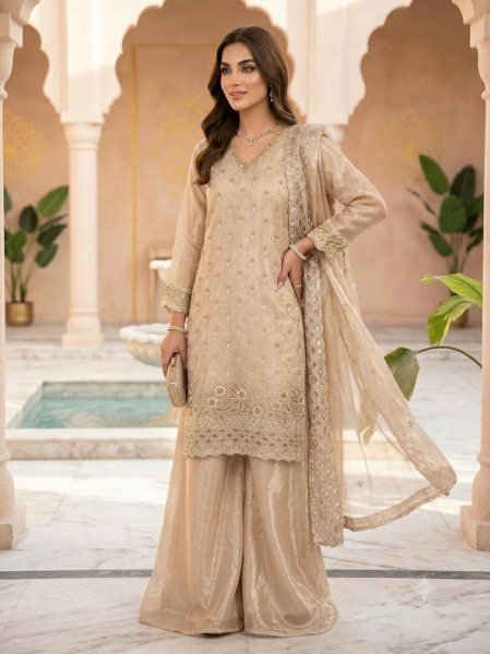 Irresistible Beige Fendy Palazzo Suit with Embroidery Work and Cutwork Dupatta Ready To Wear Collection