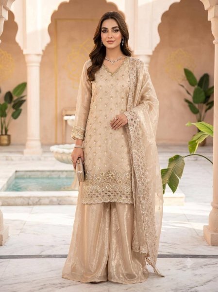 Irresistible Beige Fendy Palazzo Suit with Embroidery Work and Cutwork Dupatta Ready To Wear Collection