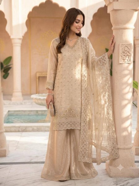 Irresistible Beige Fendy Palazzo Suit with Embroidery Work and Cutwork Dupatta Ready To Wear Collection