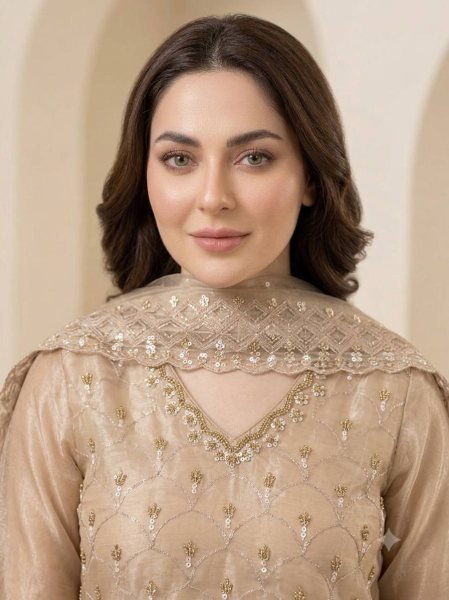 Irresistible Beige Fendy Palazzo Suit with Embroidery Work and Cutwork Dupatta Ready To Wear Collection
