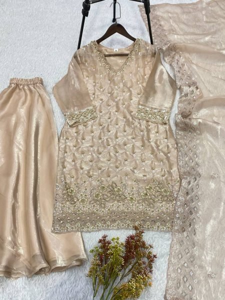 Irresistible Beige Fendy Palazzo Suit with Embroidery Work and Cutwork Dupatta Ready To Wear Collection