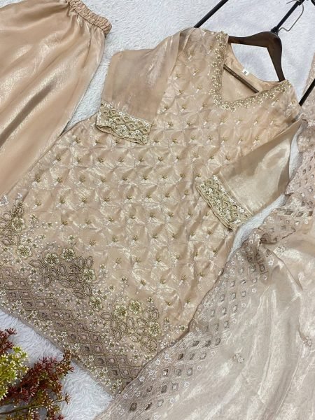 Irresistible Beige Fendy Palazzo Suit with Embroidery Work and Cutwork Dupatta Ready To Wear Collection