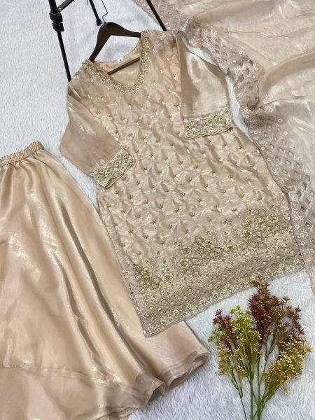 Irresistible Beige Fendy Palazzo Suit with Embroidery Work and Cutwork Dupatta Ready To Wear Collection