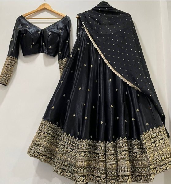 Irresistible Black Designer Vichitra Silk Lehenga with Embroidered Blouse Dupatta for Wedding Designer Lehenga Choli