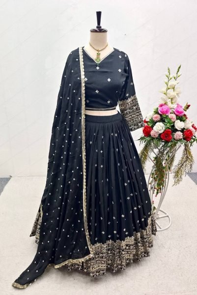 Irresistible Black Designer Vichitra Silk Lehenga with Embroidered Blouse Dupatta for Wedding Designer Lehenga Choli