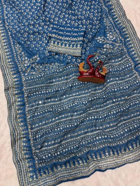 Irresistible Blue Fox Georgette Saree with Katdana Embroidery for Wedding Functions Bollywood Fancy Sarees Wholesale