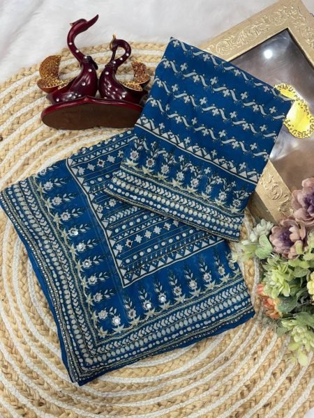 Irresistible Blue Fox Georgette Saree with Katdana Embroidery for Wedding Functions Bollywood Fancy Sarees Wholesale